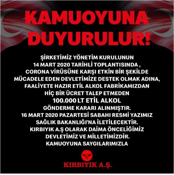 ŞAHİN Kırbıyık’ın sahibi olduğu Kırbıyık A.Ş, aldığı yönetim kurulu kararıyla koronavirüsle mücadelede devlete destek olacaklarını duyurdu