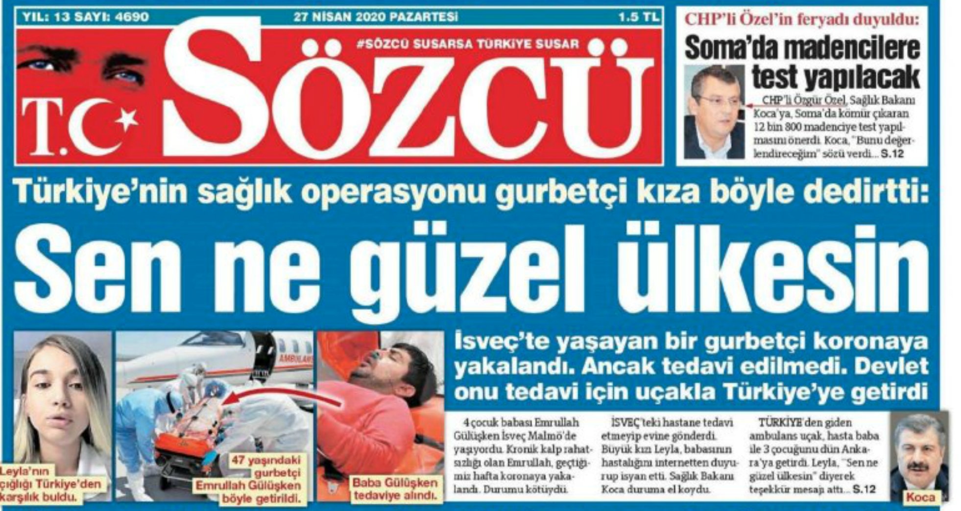 Bugünkü Sözcü Gazetesi Manşeti