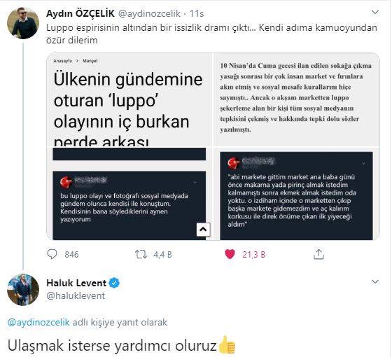 Yardıma ise yine Kızılay'dan önce Haluk Levent buldu
