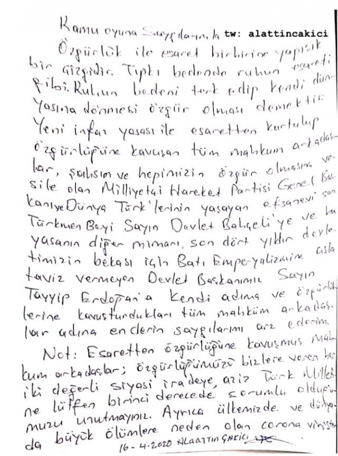 İŞTE ALAATTİN ÇAKICI'NIN MEKTUBU