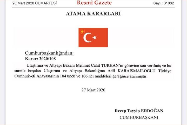 Ulaştırma Bakanı Mehmet Cahit Turhan görevden alındı !